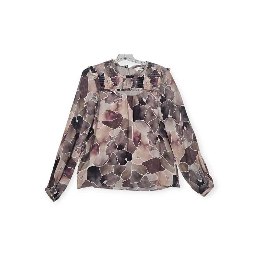 Ecru Abstract Print Blouse Size Small Long-sleeve Brown Multicolor